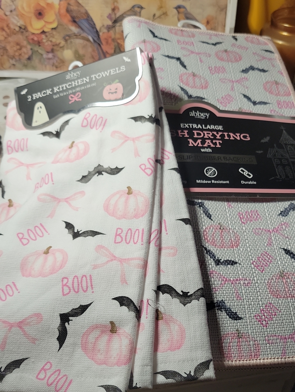 Halloween Pink Pumpkin & Bat Kitchen Towels and Drying Mat Set